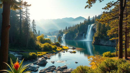 Waterfall in the mountains. Waterfall in the mountains. Mountain landscape.の写真素材