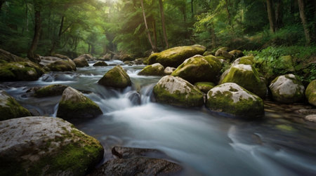 Long exposure of a mountain river flowing through a green forest in spring