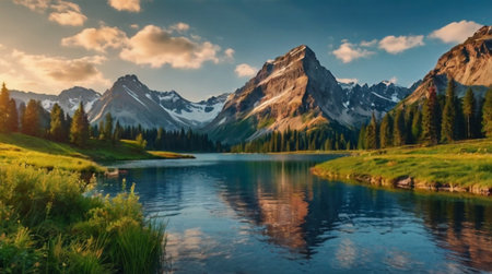 Panoramic view of the lake in the mountains at sunset.の写真素材