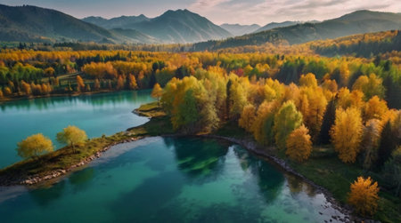 Aerial view of beautiful autumn landscape with mountain lake and forest.の写真素材