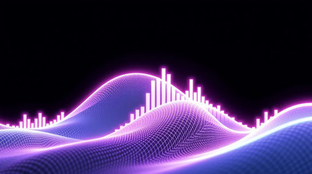 3d rendering of abstract digital sound waveform with glowing particles on dark background