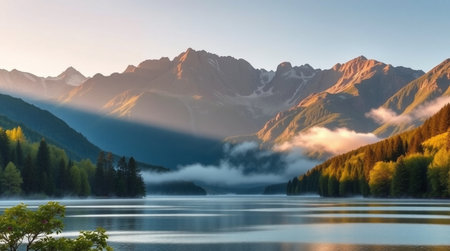 Mountain lake in the morning. Landscape with mountains, clouds and blue sky.