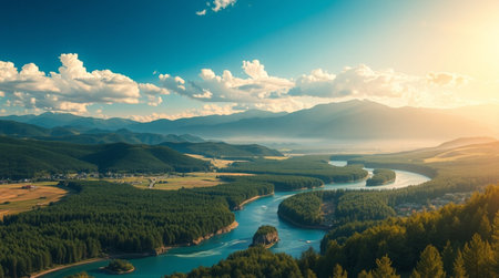 Aerial view of the river and mountains in a beautiful summer dayの写真素材