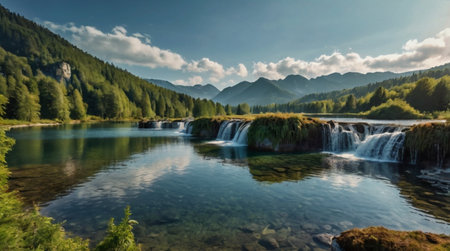Mountain lake and waterfall in the mountains. Beautiful summer landscape.の写真素材