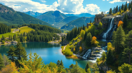 Mountain lake with waterfall in the forest. Colorful autumn landscape.