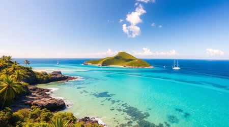 Panoramic aerial view of beautiful island in Seychellesの写真素材