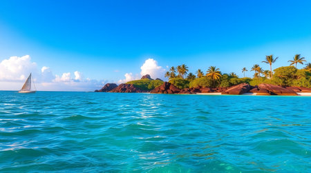 Panoramic view of Seychelles beach with white sand, turquoise water and palm trees.の写真素材