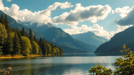 Panoramic view of the lake and forest in the mountains.