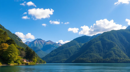 Mountain lake in the Alps. Panoramic view of the mountain lake.の写真素材