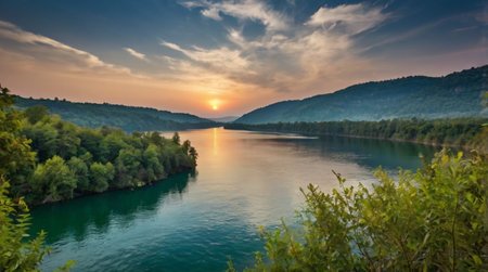 Sunset over the river Dniester in Ukraine. Panoramaの写真素材