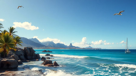 Tropical beach with palm trees. Seascape panorama