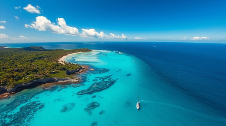 Aerial view of beautiful tropical island with white sand beach, turquoise ocean and blue sky.の写真素材