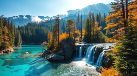 Autumn landscape with a waterfall in the mountains. Panorama.の写真素材