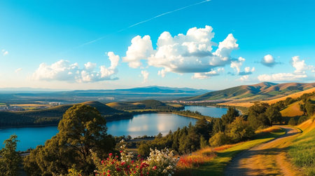 Panoramic view of the lake and mountains in Tuscany, Italyの写真素材