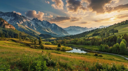 Panoramic view of the alpine meadow at sunset.の写真素材