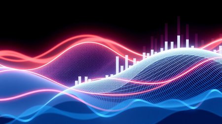 abstract 3d illustration of sound wave with blue and red lights