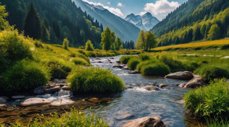 Panoramic view of a mountain river in the Dolomitesの写真素材