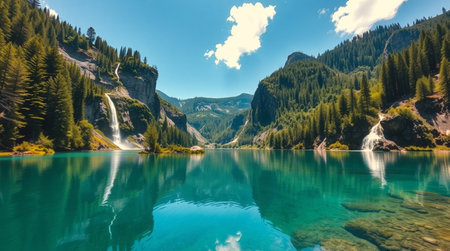Panoramic view of the beautiful lake of Braies, Italyの写真素材