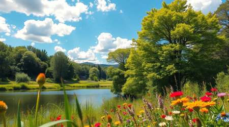 Beautiful summer landscape with lake and flowers in the park, panoramaの写真素材