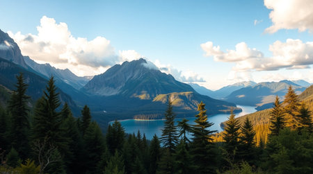 Panoramic view of Lake Louise in Banff National Park, Alberta, Canadaの写真素材