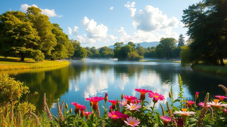Beautiful summer landscape with lake and flowers in the park. Panoramaの写真素材