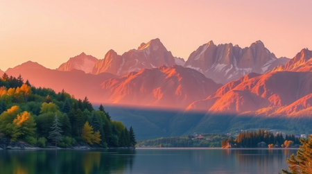 Mountain lake at sunrise. Beautiful alpine landscape in autumn.の写真素材