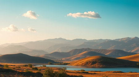 Beautiful landscape with lake and mountains at sunset, Kyrgyzstanの写真素材