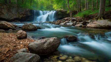 Waterfall in green summer forest with rocks and fallen leaves. Long exposure.の写真素材