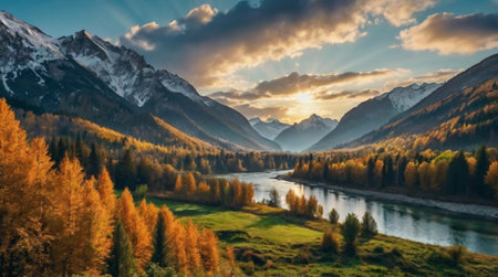 Panoramic view of the river and mountains at sunset in autumnの写真素材