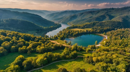 Aerial view of beautiful lake in the mountains. Beautiful summer landscape.の写真素材