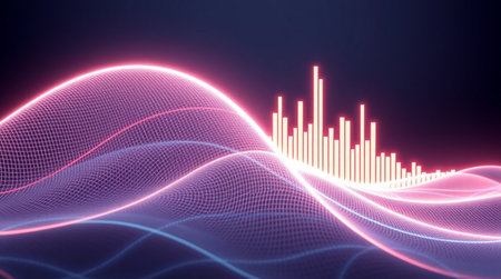 3d rendering of abstract digital sound waveform on dark blue backgroundの写真素材