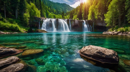 Beautiful waterfall in the mountains. Landscape with mountains and river.の写真素材