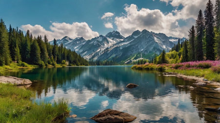 Panoramic view of beautiful alpine lake with reflection in waterの写真素材