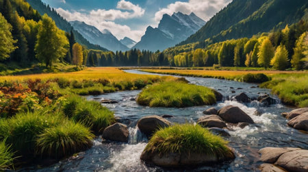 Panoramic view of a mountain river.の写真素材