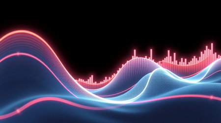 abstract 3d illustration of sound waveform over dark background with glowing lights