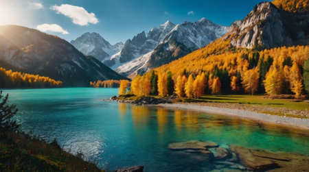 panoramic view of the alpine lake in autumn. beautiful nature sceneryの写真素材