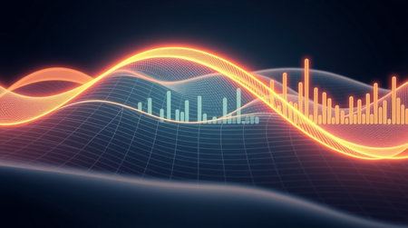 abstract 3d illustration of sound wave on dark background with glowing lines