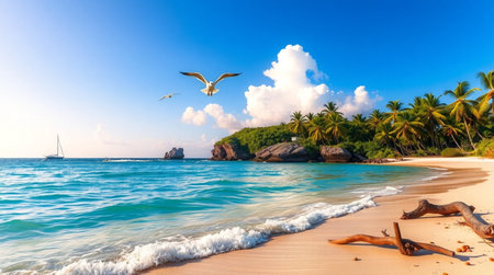 Panoramic view of Seychelles beach with palm trees and seagullsの写真素材