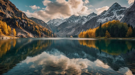Autumn alpine lake with reflection of snow-capped mountainsの写真素材