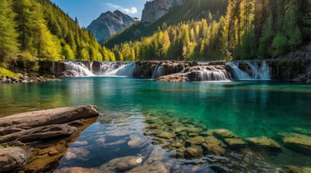 Waterfall in the Dolomites, South Tyrol, Italyの写真素材