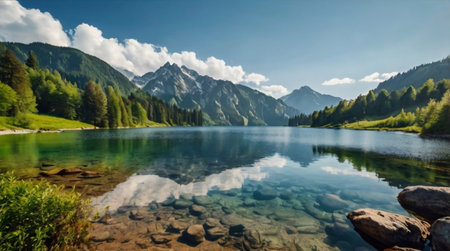 Panoramic view of the alpine lake Obersee in Bavaria, Germanyの写真素材