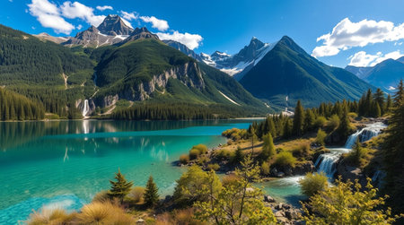 Mountain lake with clear turquoise water and snow-capped peaks in the backgroundの写真素材