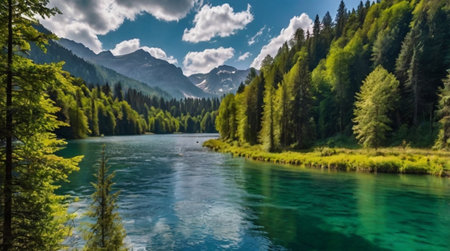 Panoramic view of the mountain lake in the middle of the forestの写真素材