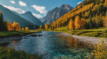 panoramic view of colorful autumn alpine landscape with mountain river