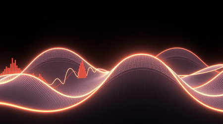 abstract 3d rendering of sound wave equalizer with glowing particlesの写真素材