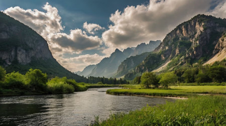 Beautiful summer landscape with mountain river and clouds in the sky.の写真素材
