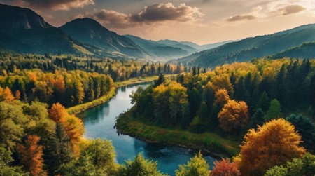 Panoramic view of autumn alpine forest and mountain river.