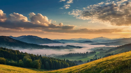 Foggy morning in the Carpathian mountains. Ukraine, Europe.