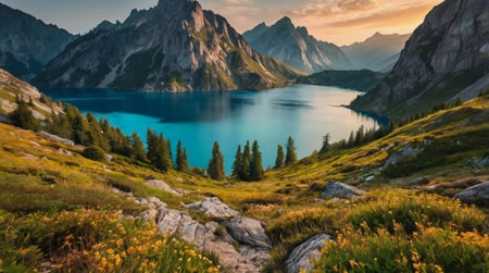 Beautiful panoramic view of a mountain lake in Austria.の写真素材