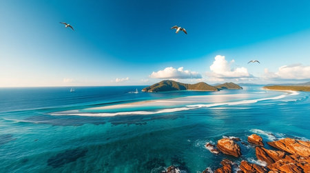 Beautiful panoramic aerial view of tropical beach with seagulls and blue skyの写真素材
